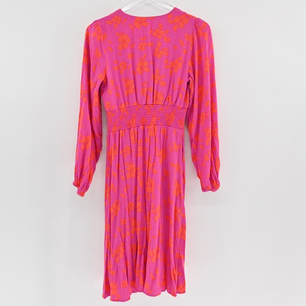 DRAPER JAMES Dress Size S Pink Orange Floral Smocked V Neck Balloon Long Sleeve - Picture 3 of 14